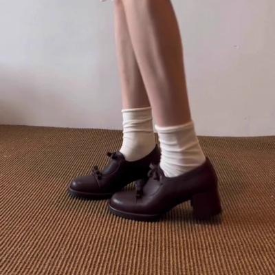 Версия из коровьей кожи~ ретро стиль узор слона универсальные маленькие кожаные туфли женские высокий толстый каблук новые весенне-осенне-зимние туфли-лодочки с бантом