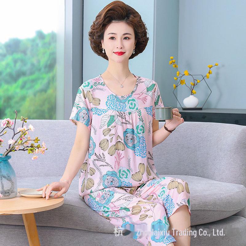 Женский летний пижамный комплект из хлопкового шелка - комплект из двух предметов с короткими рукавами для матерей среднего и пожилого возраста, подходит для ношения в помещении и на улице