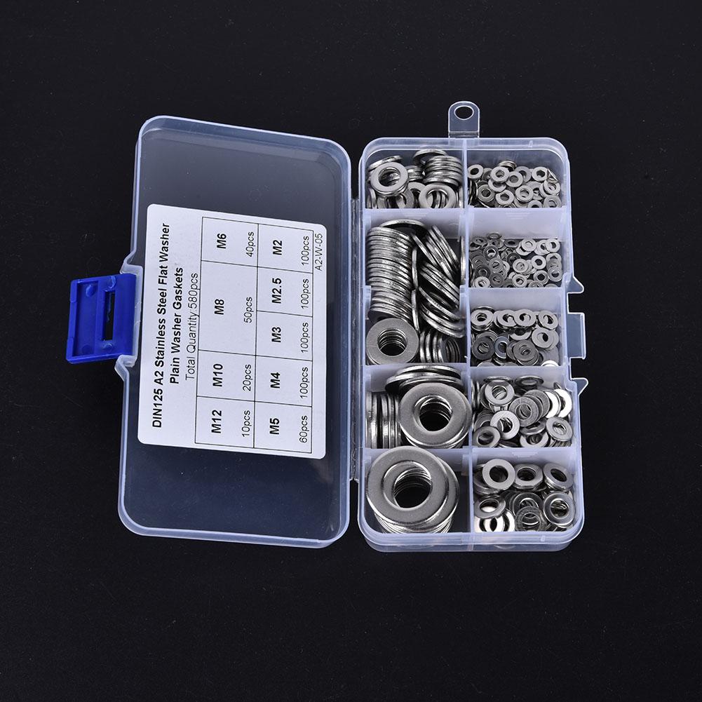 580PCS Stainless Steel Flat Washer Assortment Set M2 M2.5 M3 M4 M5 M6 M8 M10 M12