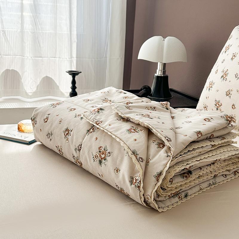 Rose Garden Vintage Floral Summer Quilt Khaki 100% Cotton Reversible Thin Comforter Bedding Set Air Conditioner Quilts Bedspread