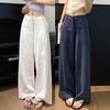 Navy Blue Linen Suit Pants Women's Summer Thin Lazy and Relaxed Casual Drape Tencel Cotton and Linen Wide-leg Pants