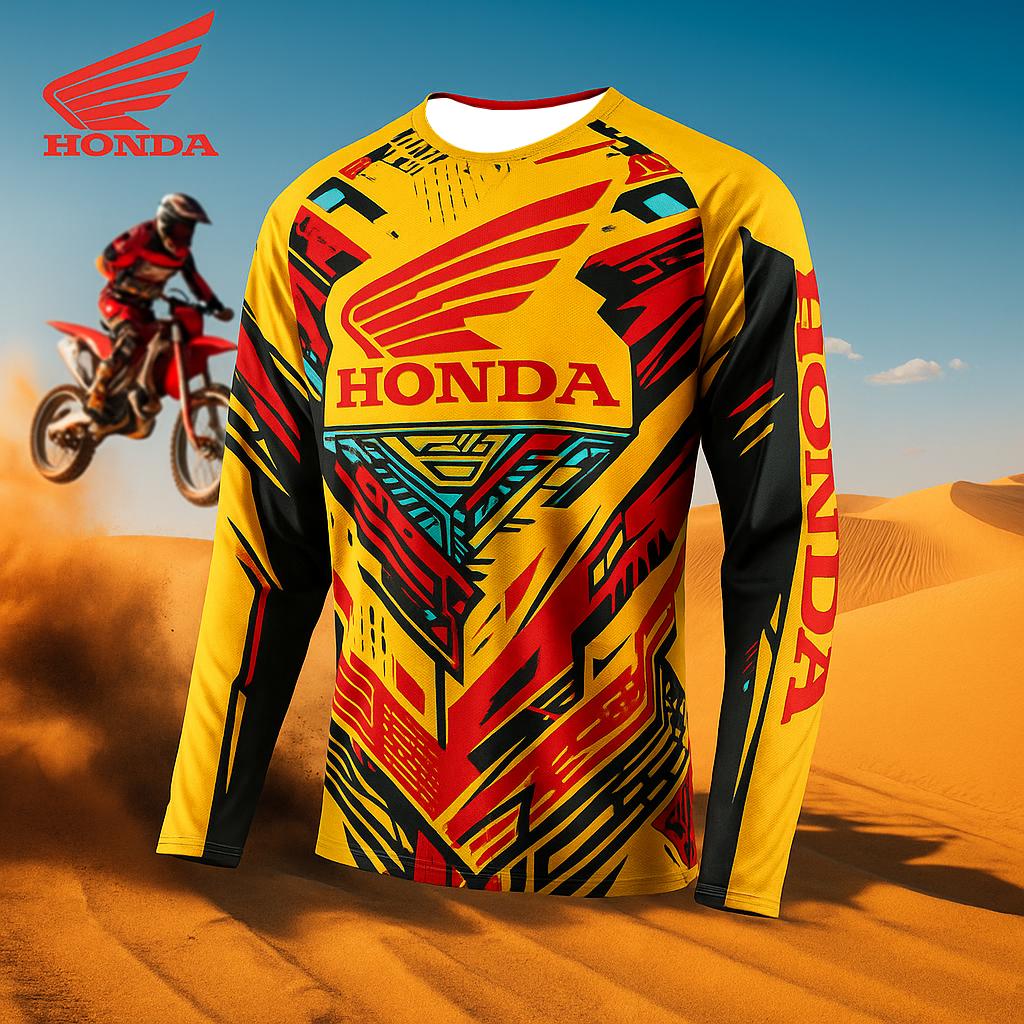 JBH4 Honda Printed Pattern Off-road Motorcycle Jersey Mountain Bike Racing Sport Long Sleeve T-Shirt Breathable Quick Drying Top