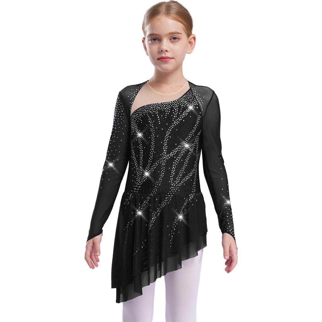 Girls Lyrical Dance Dress Sheer Mesh Long Sleeves Cutout Back Design with Sparkly Rhinestones Asymmetric Hem Skirt