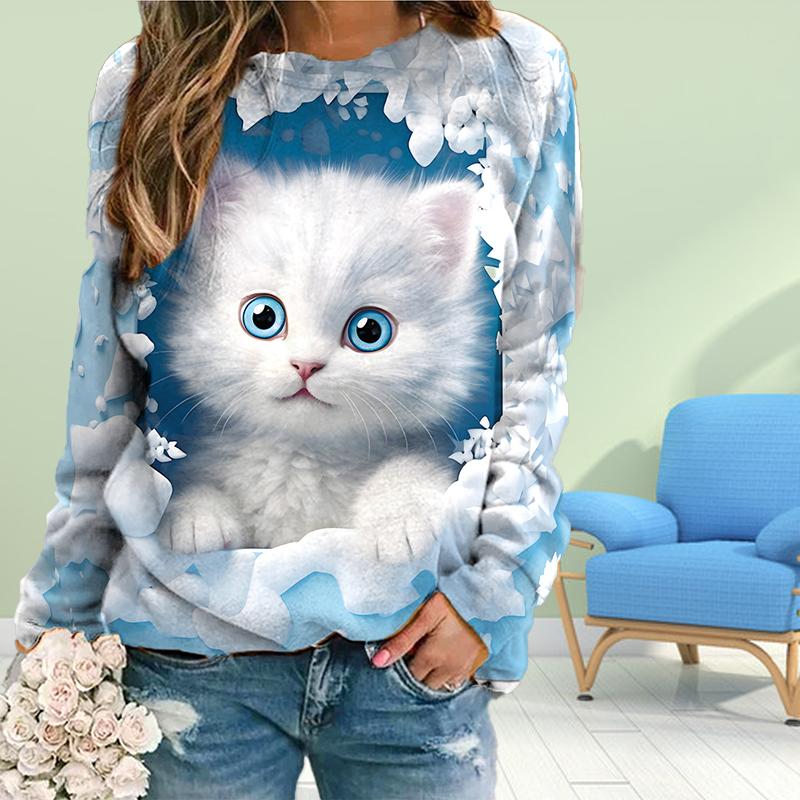 Fall Autumn Women'S Fashion O Neck Long Sleeve T-Shirt Loose Clothes Confused Cat Print T Shirt for Girls Street
