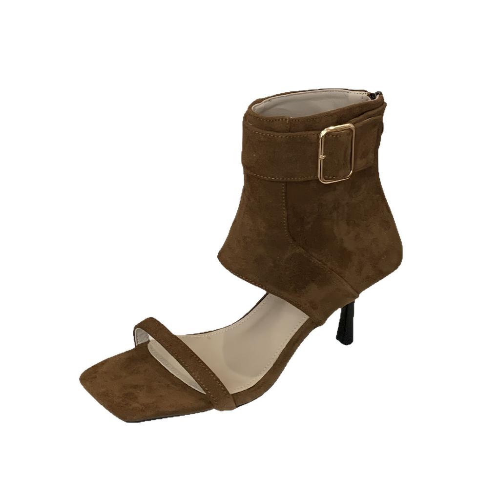 Retro Belt Buckle Back Zipper Fashion Sandals Femininity Word with Square Head High Heel Fashion Short Boots