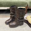 Thick-soled Belt Buckle Pleated Medium Boots Women's 2025 Autumn and Summer New Western Cowboy Short Boots Martin Boots Pant Tube Boots