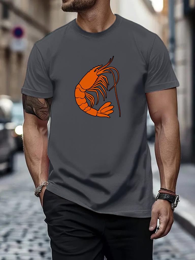 Unisex Summer White Short Sleeve Tee Minimalist Orange Shrimp Graphic Print Crew Neck Loose Casual Streetwear Male Fashion Tops