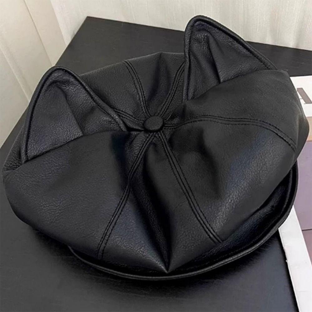 Cute Ear Design Leather Beret Hat Black/Coffee Newsboy Cap Elegant Painter Hat All Seasons