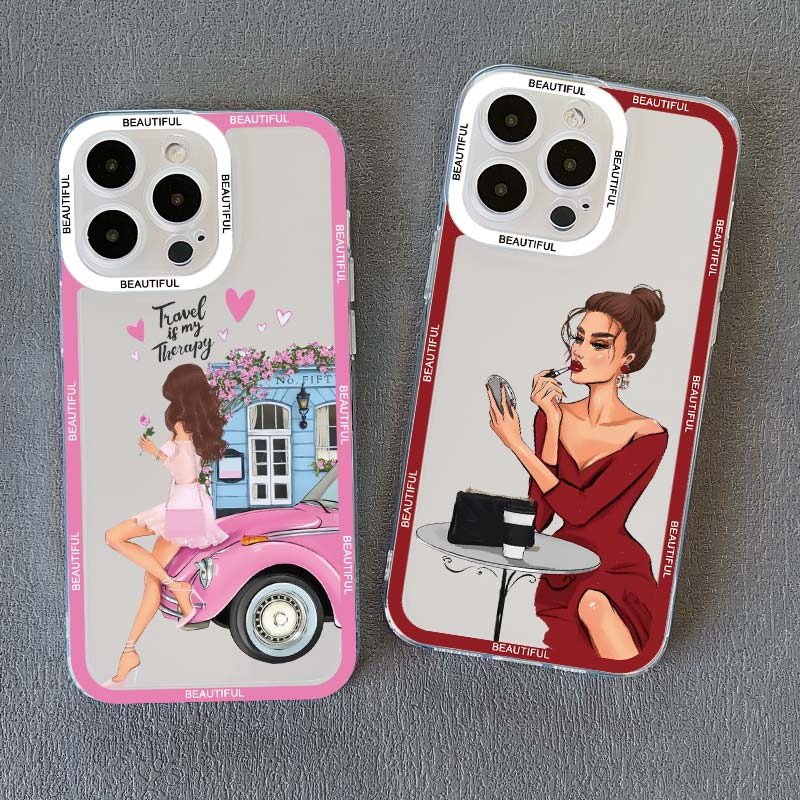 Прозрачный Чехол с Рисунком Городская Девушка для Макияжа для iPhone 14 X XR XS 15 13 12 11 Pro Max Рисованная Девушка Чехол для iPhone 7 8 Plus SE2