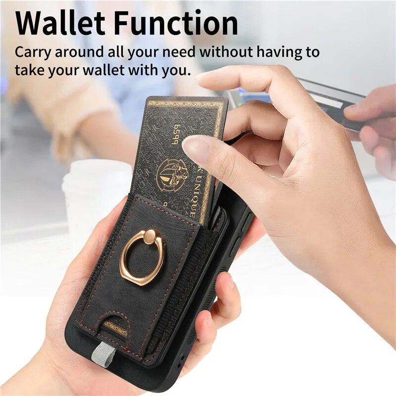 Wireless Ring Leather Wallet Phone Case for iPhone 15 Pro Max 14 Plus 13 12 11 for Samsung Galaxy S24 Ultra S23 S22 S21 FE A35 A15 A05 A54 A34 Cover