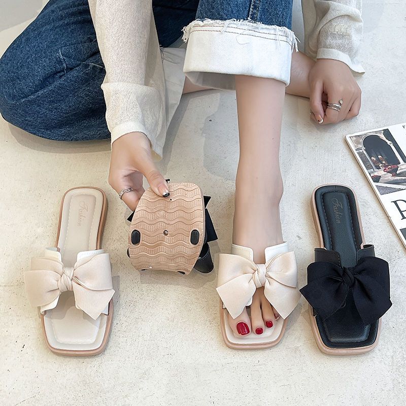 Women's Summer External Slippers Flat Bottom Bow Tie Slippers Anti-slip Beach A Flip-flops Slippers