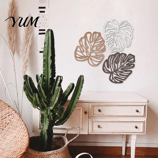 Rustic Wooden Wall Sculpture 3Pcs Hollow Monstera Leaf Decoration, Tropical Art Hanging Plaque, Decorative Minimalist Home Decor with Hook for Living