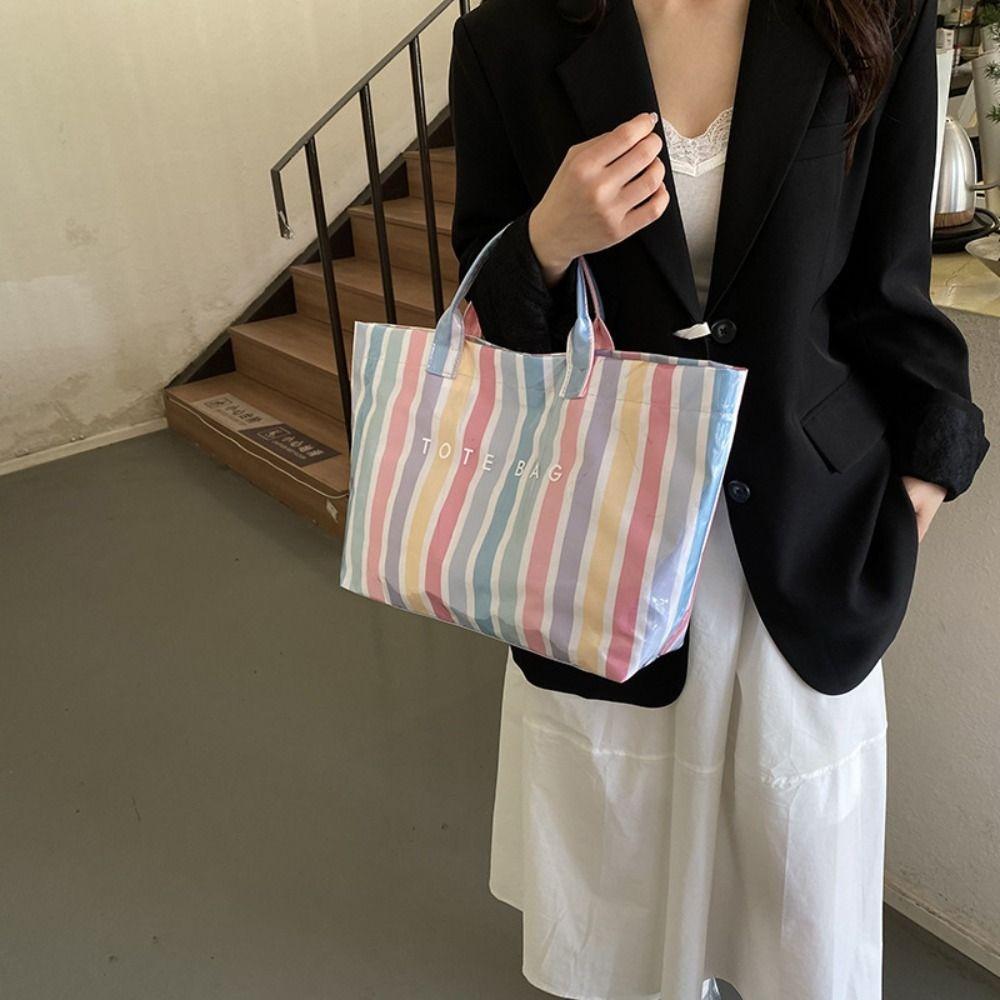 Stripe PVC Striped Tote Bag Letter Print Letter Prints Handbags Grocery Handbag