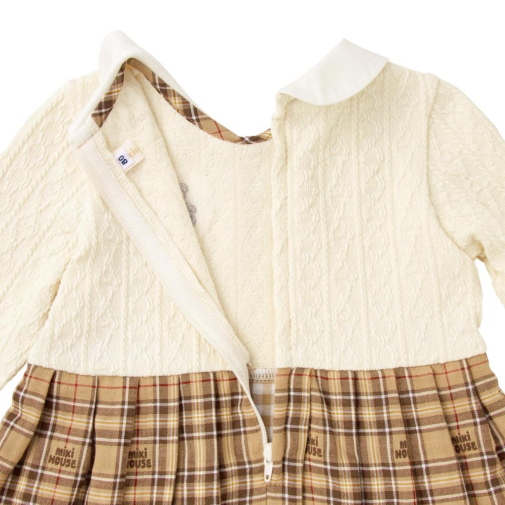 Длинное клетчатое платье цвета слоновой кости [Miki House], Рукава, С воротником, Медведь, Узор, Для девочек, Малыш, Дети, Детская одежда, 13-1901-571, 80см,