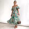Women's Fashion Summer Spring Flower Pattern Print Short Sleeve One Shoulder High Waist Casual Dresses