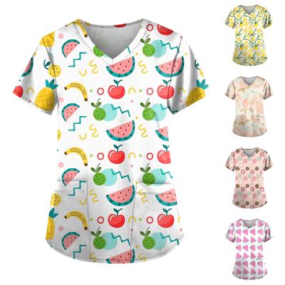 Женские топы с v-образным вырезом и короткими рукавами с принтом, рабочая блузка с карманами и фруктовым принтом