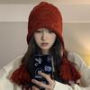 Autumn And Winter Women'S New Year Red Hat Christmas Warm Woolen Tassel Hoodie Handmade Knitted Ear Protection Hat Japanese Series