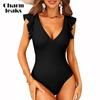 One Piece Swimsuit Ruffle Bathing Suit Swimwear Plunging V Neck Cut Out Back Swim Suit