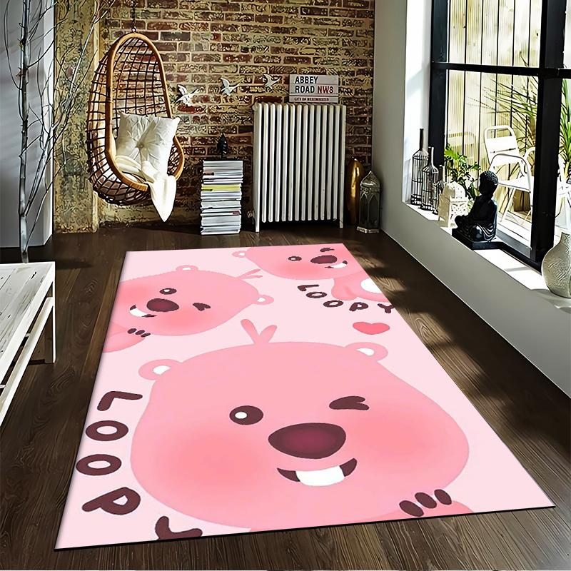 Pink Cartoon Bear Pattern Carpet with "Loopy" Lettering Design Suitable for use as an anti-slip for living room bedroom sofas