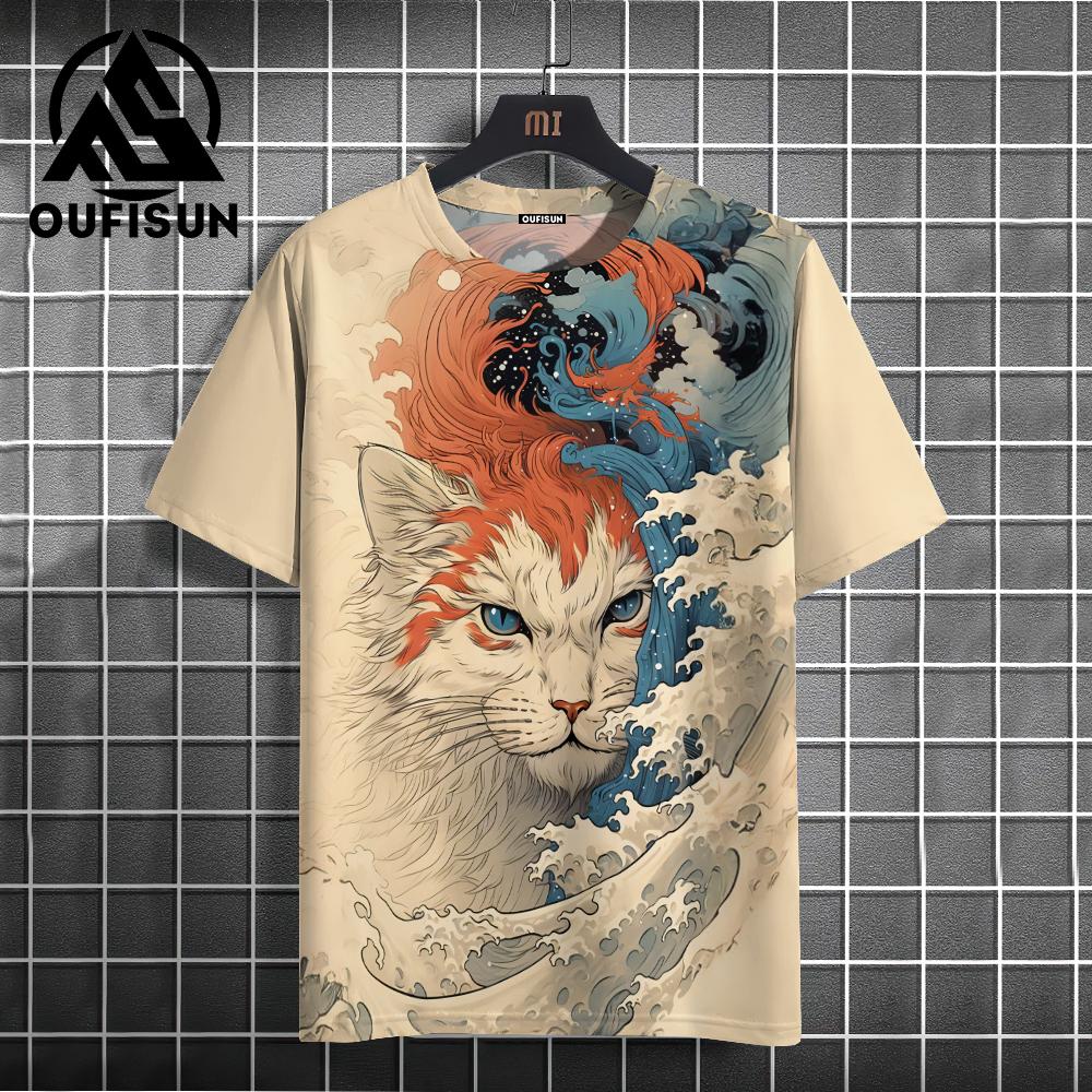 Men's T-shirt Japanese Style Ukiyo-e Cat Pattern Printed T-shirt