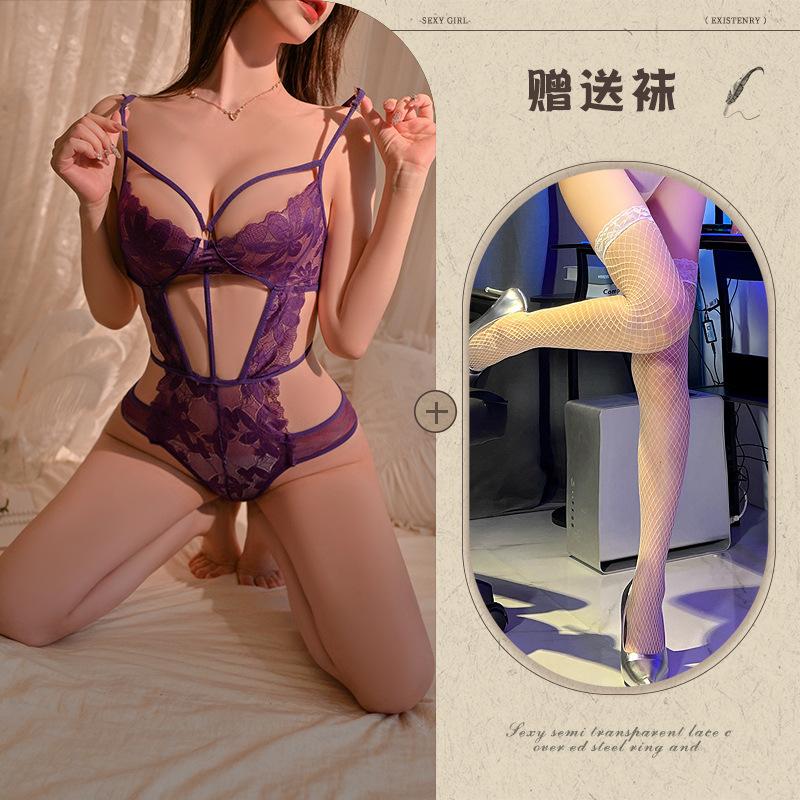 Hollow and thin sexy underwear sexy onesie temptation strap perspective lace free purple
