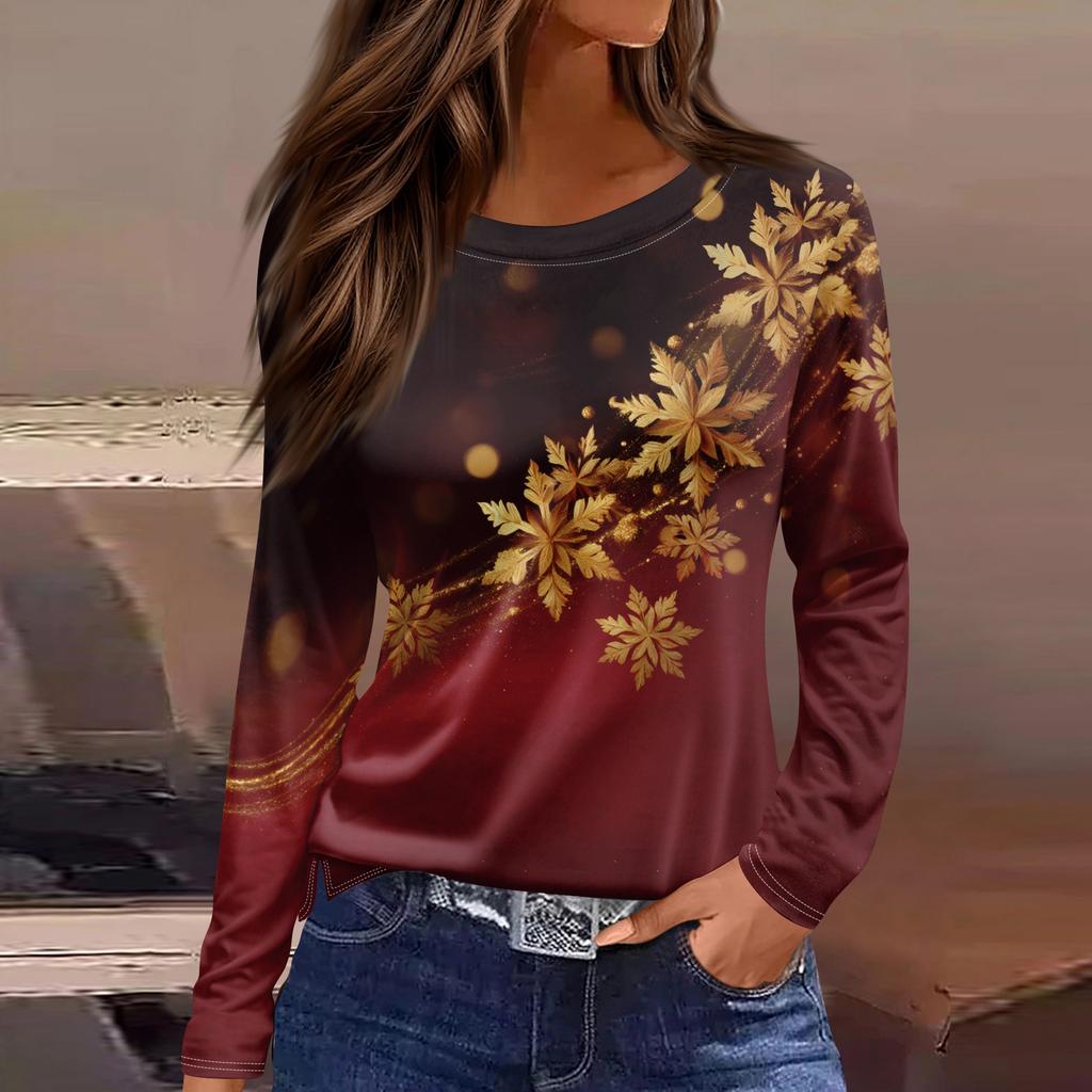 Женская модная повседневная футболка с разрезом и круглым вырезом, длинным рукавом, свободная, с принтом, женская футболка на Рождество