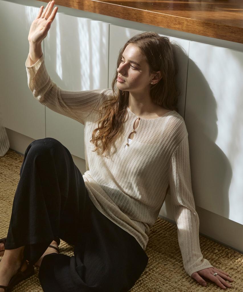 ADAUL Three Button Net See Through Knit - Natural