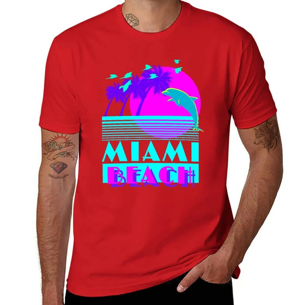 New Miami Beach Dolphin Retro T-Shirt black t shirts custom t shirts Short sleeve designer t shirt men