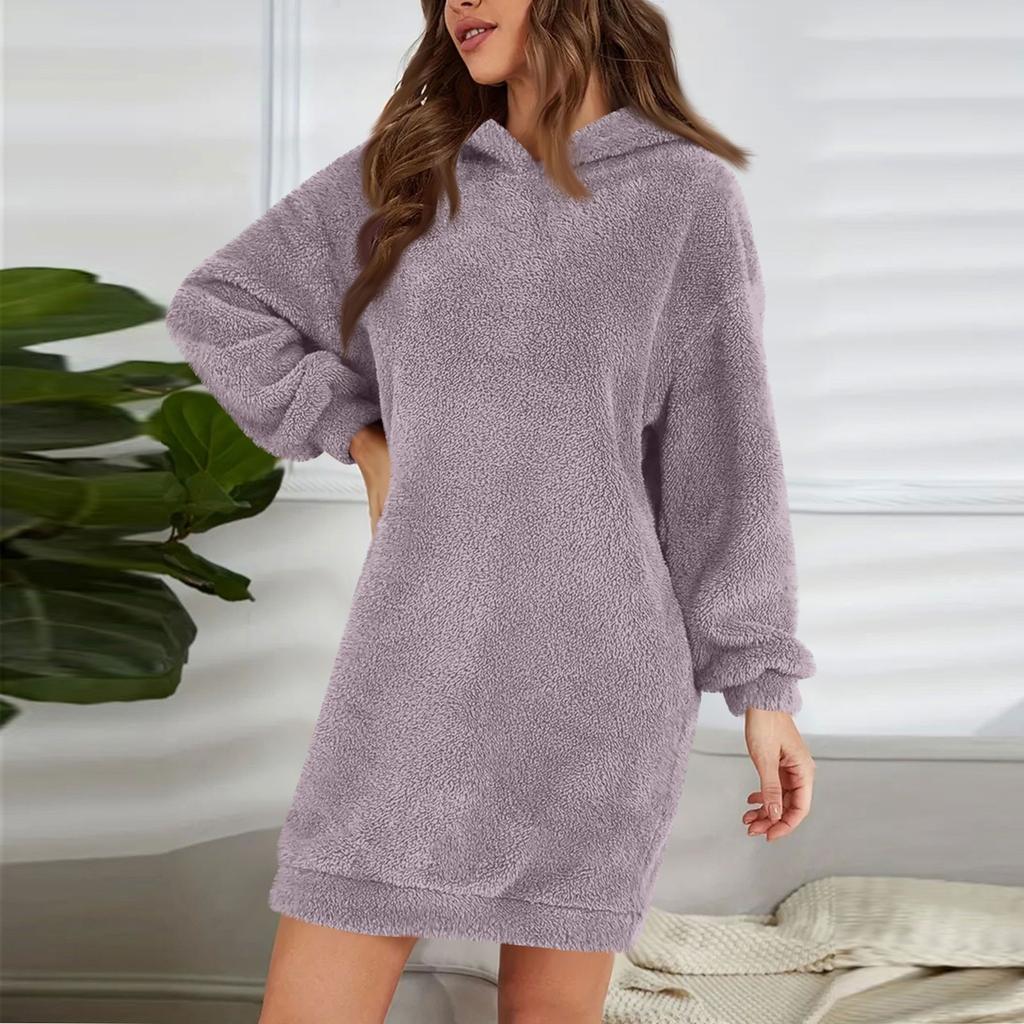 Женское модное однотонное плюшевое платье с капюшоном и длинными рукавами, свободная повседневная толстовка
