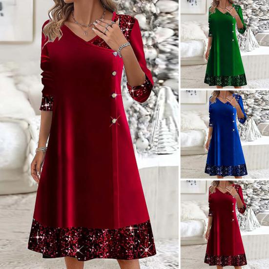 Fall Winter Women Dress Shiny Sequin Patchwork V Neck A-line Big Swing Long Sleeve Button Decor Solid Color Soft Warm Mid-calf Length Lady Midi Dress