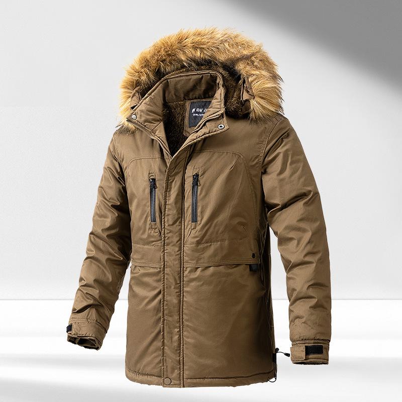 Winter Velvet Pie Overcome Men's Casual Warmth Medium and Long Trench Coat Jacket Hooded Fur Collar Cotton Coat Men