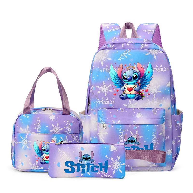 Stitch 3-Piece Backpack Set Cartoon Print School Bag for Boys Girls Outdoor Travel Large Capacity Lightweight Bookbag Disney Collection