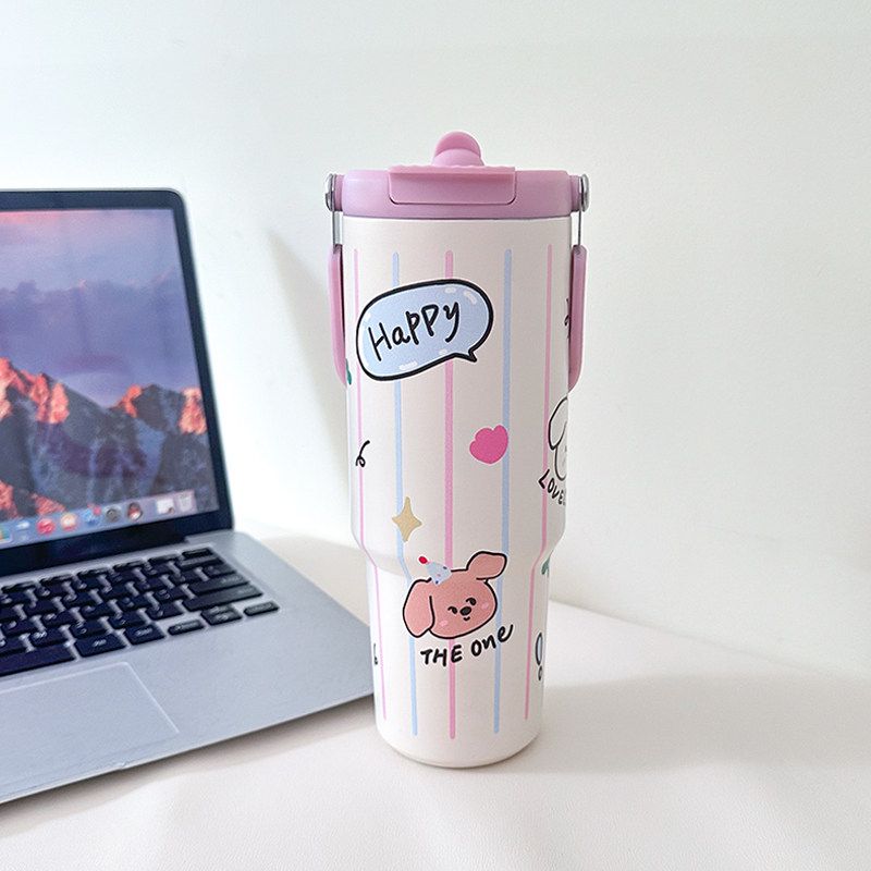 Large Capacity Vacuum Cup 2024 New Arrival Large Ice Cup Portable Vehicle-Borne Cup with Straw Summer Ins Traveling Vacuum Cup