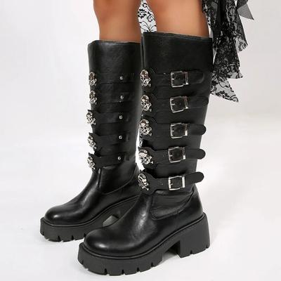 Большой размер 43 Зимние готические ремни с пряжками Мотоциклетные ботинки Женская мода Квадратный каблук Сапоги до колена Панк Платформа Обувь