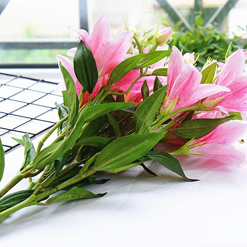 Garden 6 Heads Floral Real Looking Wedding Artificial Flower Faux Lilies Bouquet Branch Fake Plant