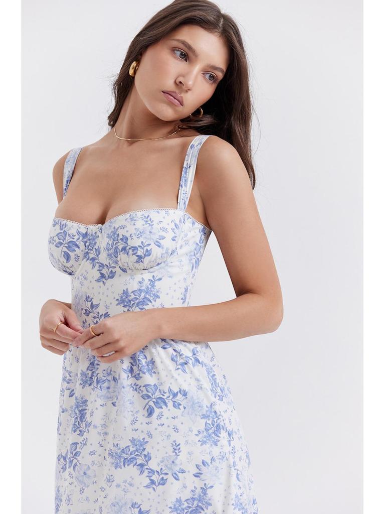 Платье-трапеция в пасторальном стиле с цветочным принтом 2023 года, подтяжками и короткими рукавами