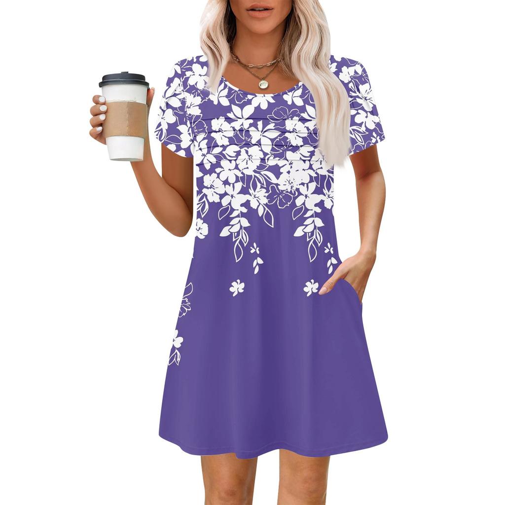 Women's Summer Casual Petal Slim Stripe Pleated Solid Color Dresses