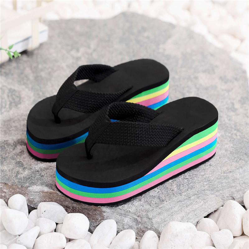 Rainbow Herringbone High-Heel Women's Flip Flops - Summer Beach Sandals