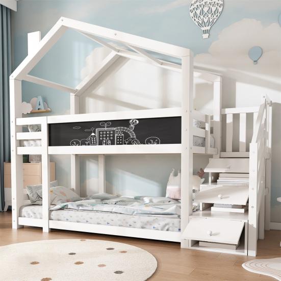 Children Bed Tree House with Storage Stairs, Loft Bed with Higher Safety Handrails, 90x200 Storage Bed Without Mattress, Kids Double-layer