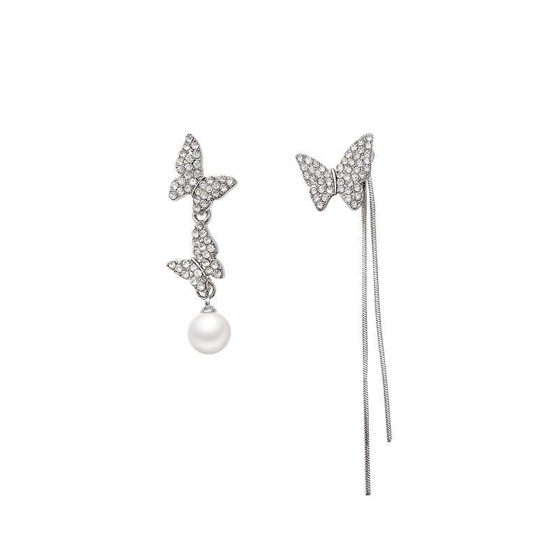 925 Silver Needle Asymmetrical Butterfly Tassel Earrings with Glittering Diamonds and Pearls