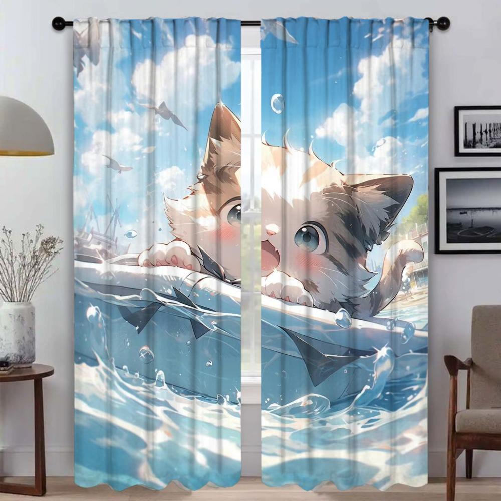 Anti-mosquito Curtains for Camera Cute Cartoon Cat Curtains Child Room Window Curtain for Room 2 Panel Partition Shades Living
