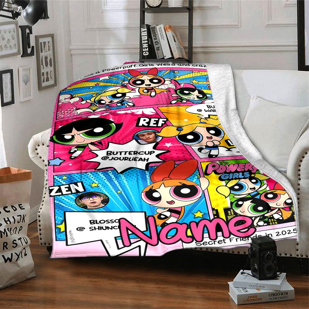 Custom Name Powerpuff Girls Adventure flannel Blanket for Super Soft Cute Comfort Blanket for Travel Bedding Couch Sofa Blanket