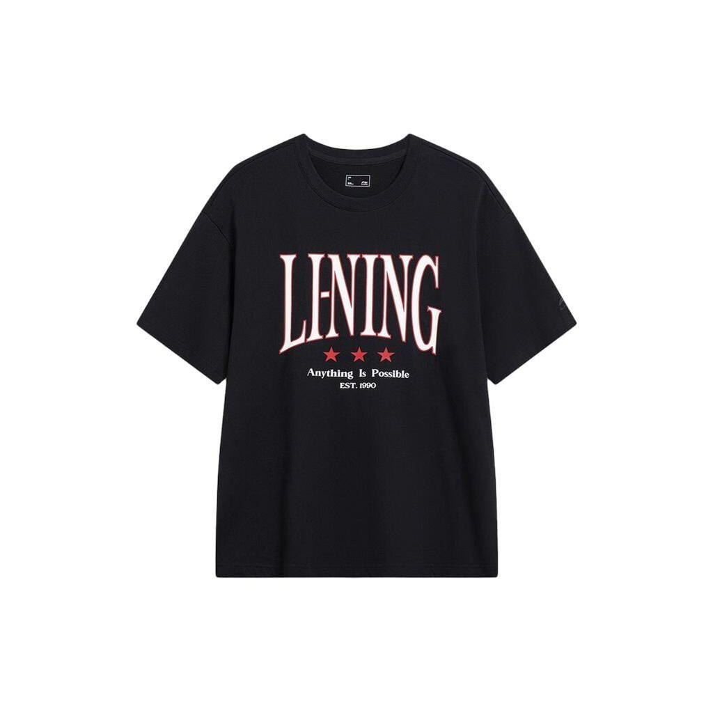 Li Ning Sports Lifestyle Series Letter Print Loose Round Neck Short Sleeve T-Shirt Unisex Tops Black AHSSF49-1