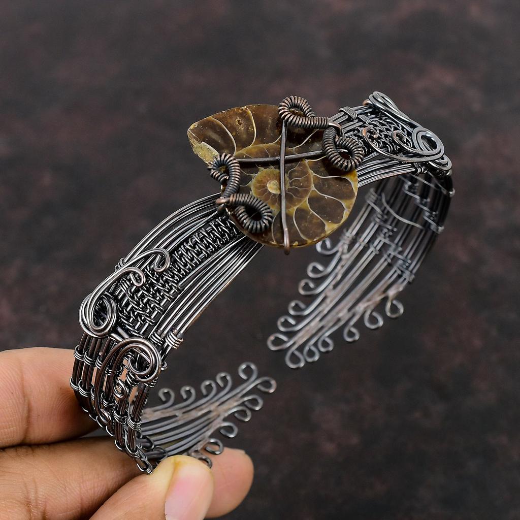 Браслет из аммонитовой окаменелой медной проволоки, браслет-манжета, браслет-манжета, регулируемая манжета, медная проволока ручной работы, ювелирные изделия, браслет из аммонитового ископаемого драгоценного камня