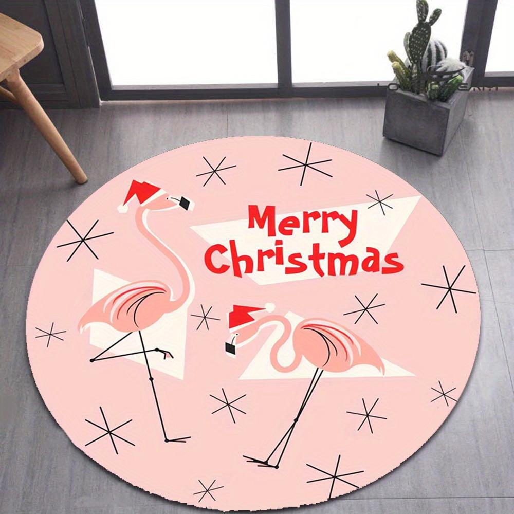 Christmas Flamingo Festive Holiday Round Carpet Flannel Soft Living Room Bedroom Decor Floor Mat Home Office Seasonal Gift