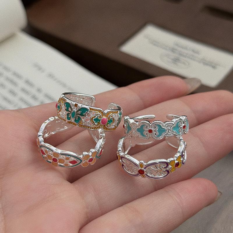 Guochao Sweet Sister Style Colored Enamel Butterfly Flower Ruyi Pattern Hollow Engraved Open Ring Female