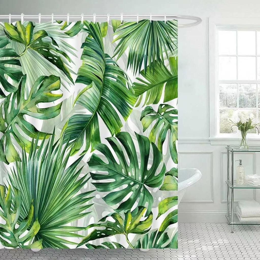 Tropical Palm Leaves Shower Curtain Set Green Plant Leaves Leaf Pumpkin Red Truck Halloween Christmas Decor Bathroom Curtains