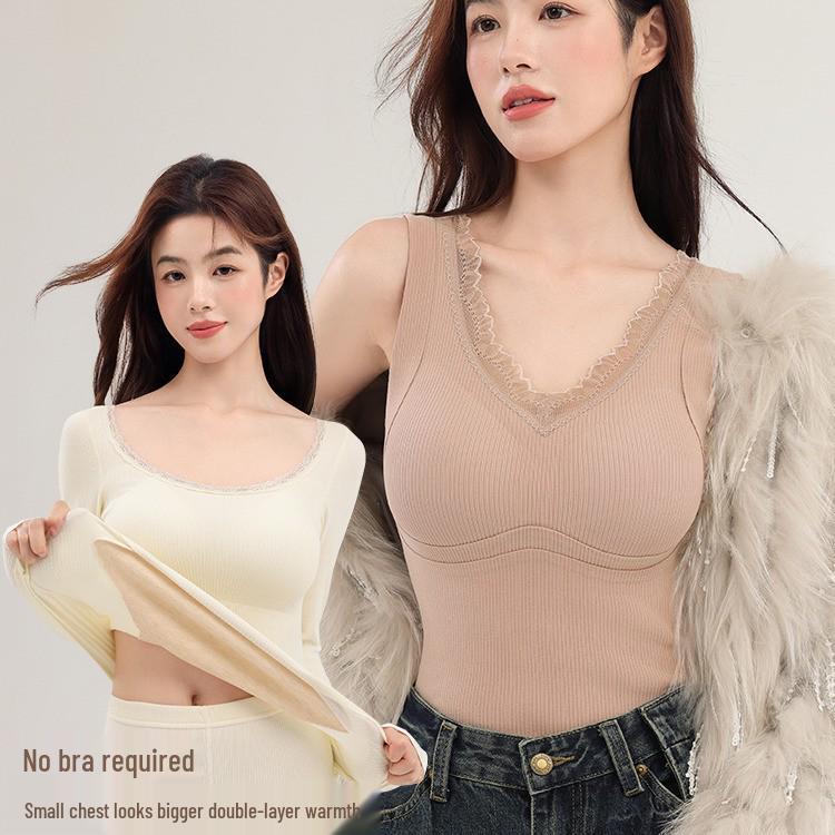 Sentimental Cat Women's Warm Vest with Chest Pads, Cashmere Silk, Enhances Bust, Autumn/Winter Slim Fit Innerwear