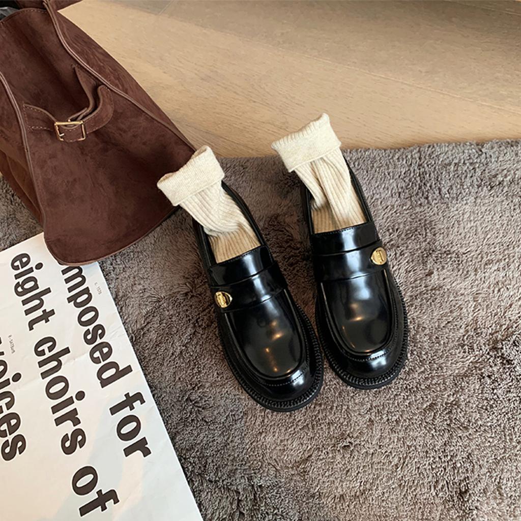 Cowhide Version~ Small Leather Shoes British Style Women's High Versatile Round Head Gold Buckle One Pedal Thick Heel Loafers Uniform Single Shoes