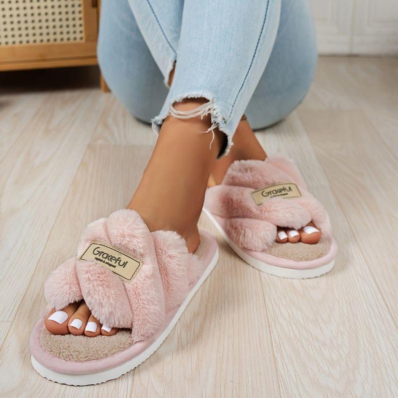 Теплые домашние тапочки Crisscross Fluffy, мягкая подошва с открытым носком, удобная обувь с плюшевой подкладкой, нескользящие бесшумные тапочки для зимы и осени